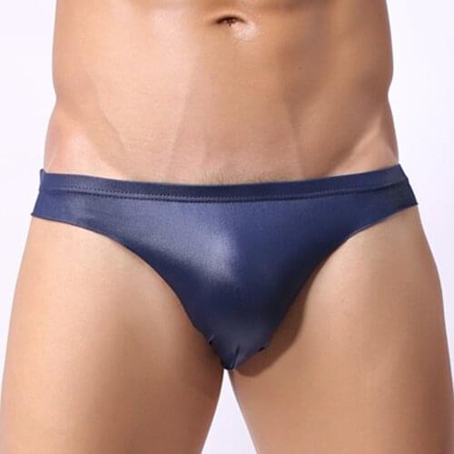 Sexy Mens Faux Leather Thong Low Wrist Underwear Mini Briefs Male Elastic Underpants Gay Sexy Lingerie Bikini Underpants Hot