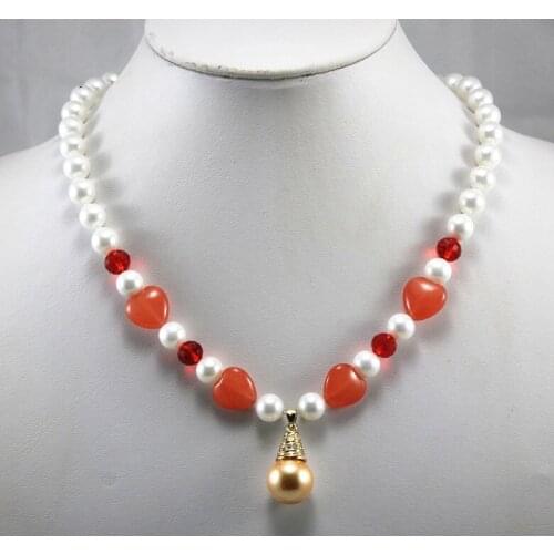 Simple design jewelry! wholesale/retail 8mm white shell pearl mixed red heart heart Jade necklace yellow shell pearl pendant