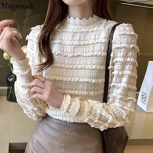 Autumn Loose Hollow Lace Bottom Shirt Korean Fashion Lace Ruffle Blouse Women Stand Collar Pleated Womens Long Sleeve Top 16746