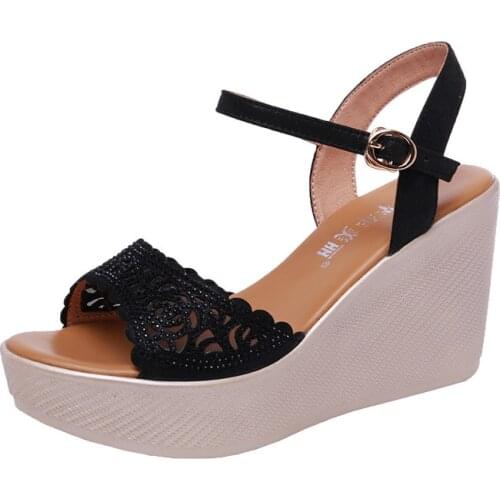 Open Head Cutout Platform Sandals Women Wedges Shoes Summer 2021 Black Nude High Heels Sandals Ladies OL Office Shoes