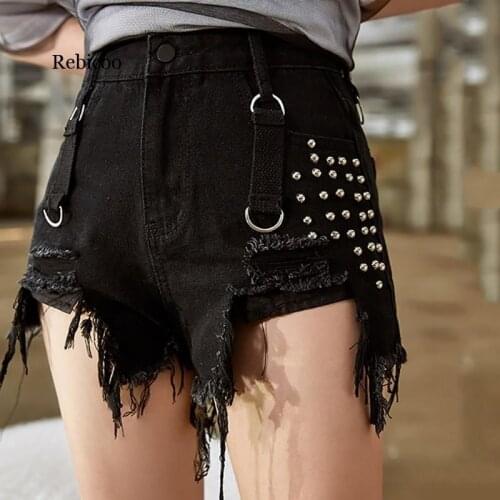 New Fashion Spring Summer Holes Nail Pearl Bands Splice Pockets Irregular Tassel Loose Denim Shorts Women