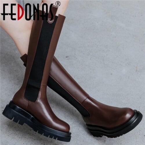 FEDONAS Basic Concise Fashion Women Knee-High Boots Thick Heels Back Zipper Platforms Autumn Winter Genuine Leather Shoes Woman