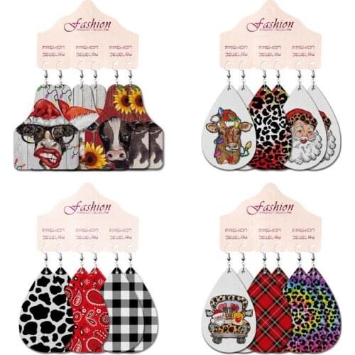 2021 New Tie Dye Leopard PU Leather Santa Claus Earrings for Women Fall Cartoon Cow Print Tag Earrings Set Christmas Gifts