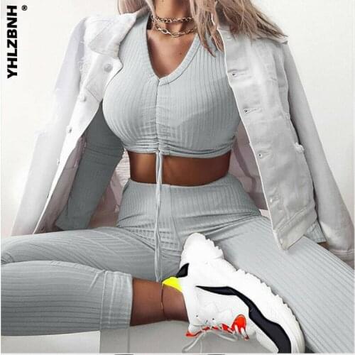 YHLZBNH Women Clothes Set Knitted Gray Long Sleeve V Neck Ruched Drawstring Slim Cropped Tops +High Waist Pants Lounge Wear Suit