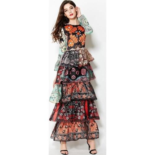 Designer Autumn Boho Runway New Full Sleeve Vintage Cascading Ruffles Luxury Floral Print Maxi Long Dress