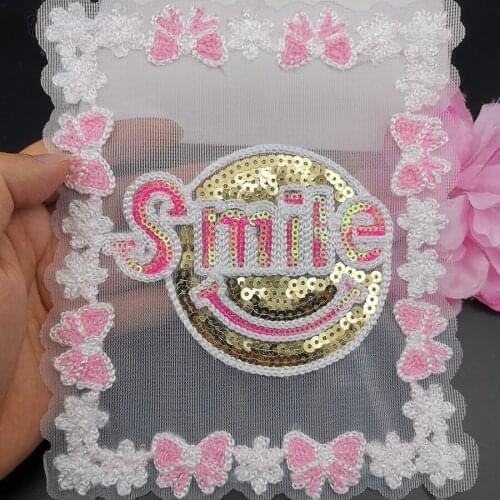 Large sewing sequins lace embroidery smile face knotting patches stickers Fashion womens T-shirt show decoration appliques