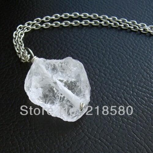 H-QN48 Hearing Crystal Raw Clear Quartz Nugget Necklace Sliver Or Gold Color Chain