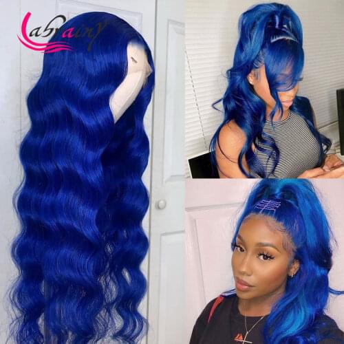HD Transparent 13X6 Lace Frontal Human Hair Wigs Body Wave Glueless Royal Blue Lace Front Pre Plucked Wigs Bleached Knots
