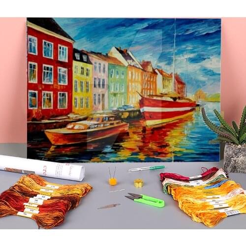 Amsterdam - City Docks Printed Canvas 11CT Cross Stitch Kit DIY Embroidery DMC Threads Hobby Handiwork Handicraft Wholesale