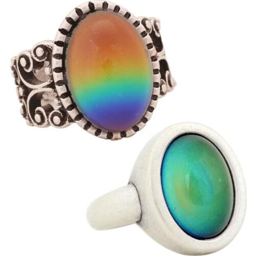 2PCS Antique Silver Plated Color Changing Mood Rings Changing Color Temperature Emotion Feeling Rings Set For Women/Men 003-010