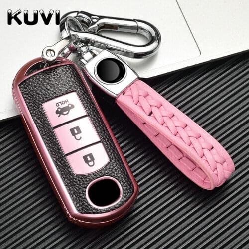 Kuvi for Mazda Leather Key Case Smart Car Key Cover Fob Protector Skin 3 Button For 2 3 5 6 8 Atenza CX5 CX-7 CX-9 MX-5 RX
