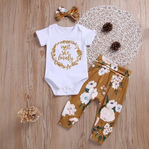 Toddler Girl Summer Outfits Short Sleeve 3 Piece Set Letter Print Bodysuit Floral Pants+Headband Cotton Girls Clothing Set