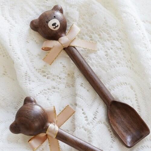 Bear Kitchen Tableware Wooden Black Walnut Japanese Jam Honey Cute Handwriting Spoon