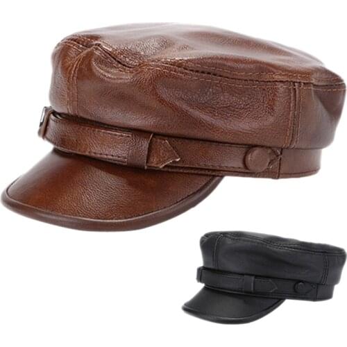 Mistdawn 100% Genuine Leather Mens Military Army Cap Flat Top Newsboy Cabbie Golf Hat