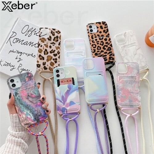 Crossbody Lanyard Marble Leopard Banana Leaf Card Holder Cases For iPhone 11 12 Pro Max XS X XR 8 7 Plus SE Soft Silicone Cover