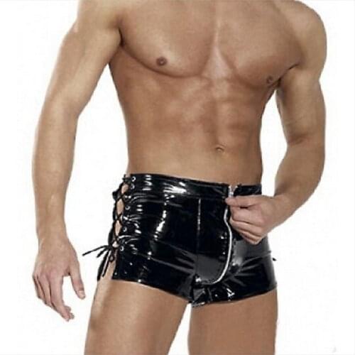 New Hot Men Sexy Shiny Faux Leather PVC Underwear Bondage Zipper Size Lace-Up Boxer Shorts Fetish Gay Male Lingerie Trunks M-2XL