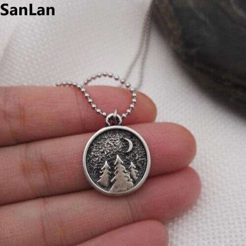 10pcs Pine Trees & Crescent Moon Necklace Nature Circle Nature Pendant nature Lover Gift Everyday Camping Necklace SanLan