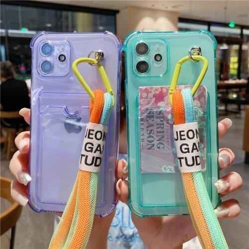 Neon Fluorescent Color Strap Cord Chain Phone Case For iPhone 12 11Pro Max XR X XS Max 7 8 Plus SE Shockproof Card Bag Cover