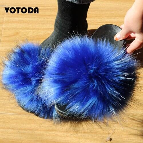 Summer Women Furry Slippers Faux Fur Slipper Flat Plush Sandals Female Cute Fluffy House Shoes Flip Flop Ladies Fox Fur Slides