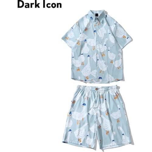 Dark Icon Ducks Full Print Hawaii Shirts and Shorts Summer Beach Holiday Mens Set