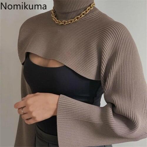 Nomikuma Super High Waist Short Turtleneck Knitwear Long Sleeve Causal Women Knitted Pullovers 2020 New Crop Top Sweater 6D123