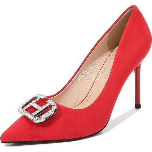 Size 35-45 46 Pointed Toe Zapatos mujer Flock 9cm Thin Heels Woman shoes Wedding Stiletto I-shaped buckle Shoes Womon Pumps