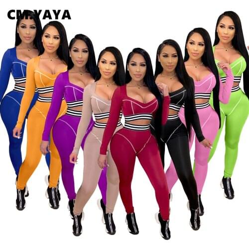 CM.YAYA Streetwear Stripe Splcing Sweatsuit Womens Set Crop Top Legging Pants Set Active Tracksuit Two Piece Fitness Outfit Set