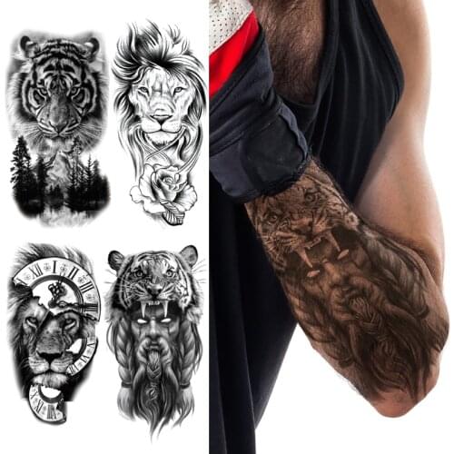 Waterproof Temporary Tattoo Sticker Wolf Tiger Skull Lion Tattoos Black 3D Clock Forest Body Art Arm Fake Sleeve Tatoo Women Men