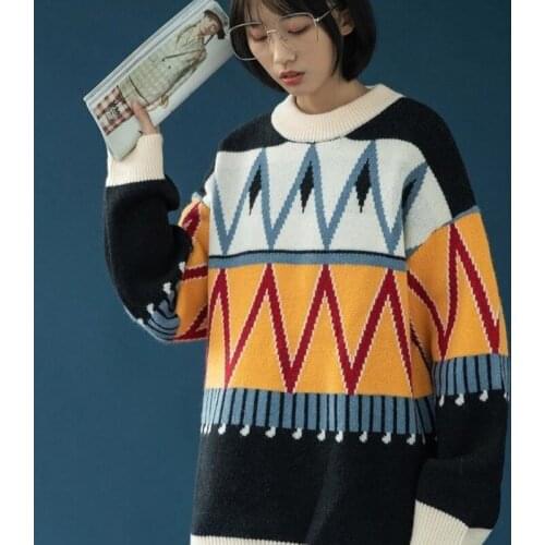 Women Clothing 2021 New Autumn Clothes Korean Fashion Splicing Geometry All-match Round Neck Knitted Pullover Sweater Pull Femme