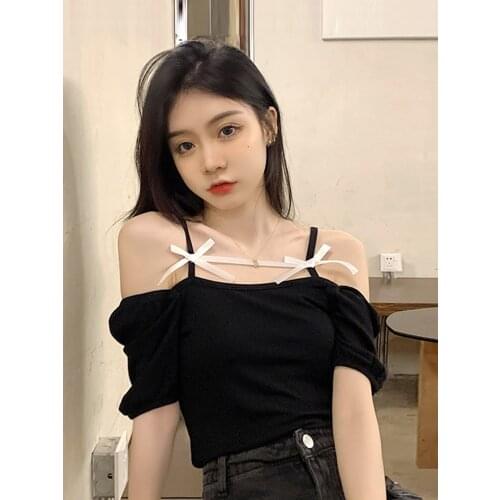 Women Sexy Tops Sling Strapless Short-sleeved T-shirt Ladies Summer New Design Sense Niche Black Short Top