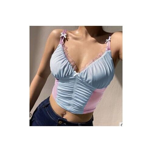 Girls summer sexy V-neck camisole fashion color matching lace stitching sleeveless nude tops dating shopping