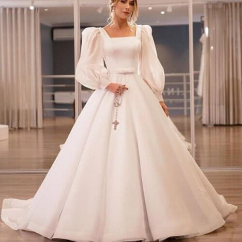 Cheap wedding dresses 2020 long sleeve square neckline ball gown satin long bridal dresses vestidos de noiva