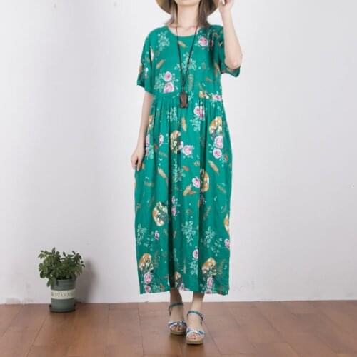 Lace-up cotton linen women floral printed long dresses short sleeve o-neck pockets loose plus size casual dress A452