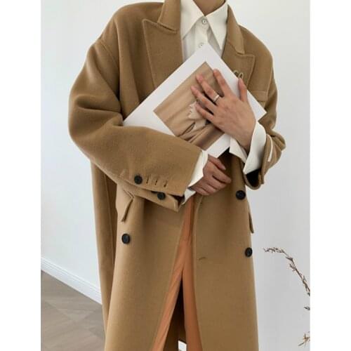 2021 Winter Handmade Korean Double Breasted Long Lacing Belt Loose Black 100% Wool Coat Women Woolen Overcoat Oversized