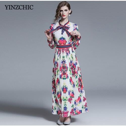 Runway Woman Maxi Pleated Dress Bow-neck Female Slim A-line Dresses Ladies Floral Print Long Dress Party Spring New Woman Dress