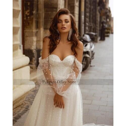 Boho Wedding Dress 2021 Long Sleeves Off Shoulder Dots Tulle A Line Vintage Bridal Gown Vestido de Noiva Manga Longa Bride Dress