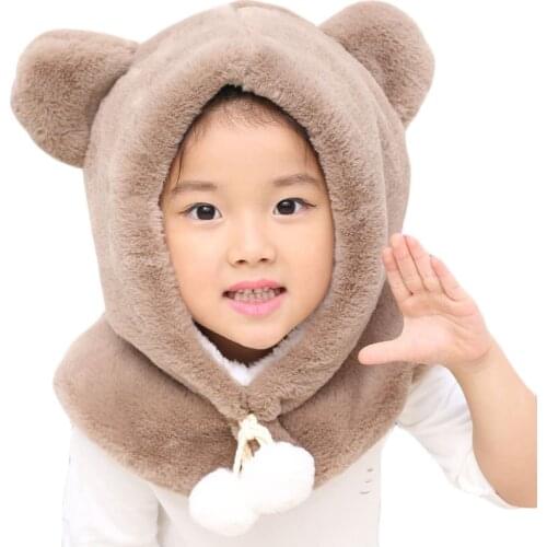 Winter Children Plush Hat with Hood Scarf Cute Bear Ear Warm Plus Velvet Kids Baby Hat Cap for Boys and Girls Thick Beanies Cap