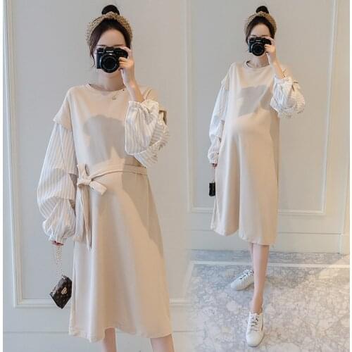 180# 2020 Autumn Korean Fashion Maternity Dress Sweet Patchwork Ties Waist Loose Clothes for Pregnant Women Elegant Pregnancy