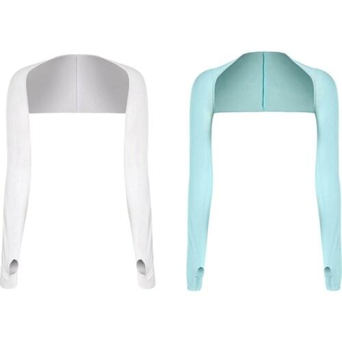 2x Ladies Cooling Shawl Arm Sleeves Sun UV Protection with Finger Hole for Golf,Driving,Riding,Fishing(White&Blue)