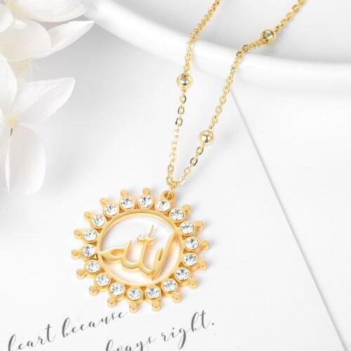 Hollow New Arabic Islam Allah Pendant Necklace Stainless Steel Crystal Paved Muslim Mens Bling Iced Out HipHop Jewelry Men/Women