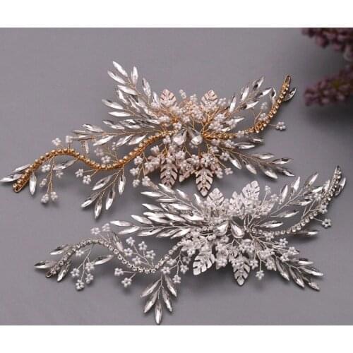 Shine Gold Silver Color Leaf Headpiece Bridal Hair Clip Crown Rhinestone Wedding Prom Women Hair Piece Ornament