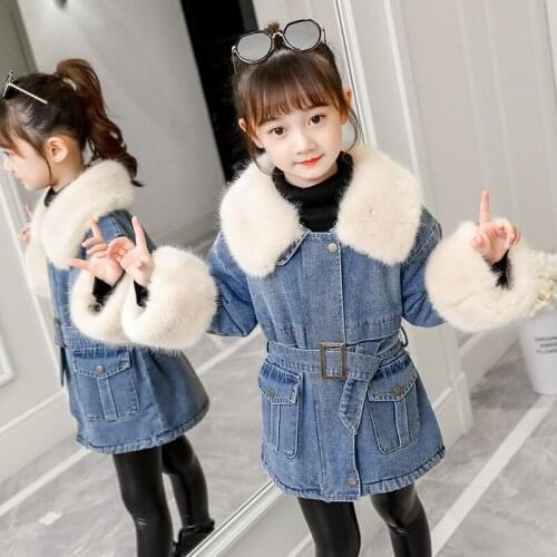 Girls Plus Thick Velvet Big Fur Collar Denim Jacket Children Winter Warm Large Long Slim Coat Girls Fashion Denim Outwear