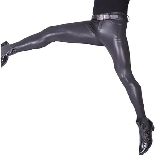 LinvMe New Casual Men PU Jeans Closed Toe Pantyhose Tights Pants Sexy Slim Fit Pockets Patch Soft Leather Biker Motocycle Male