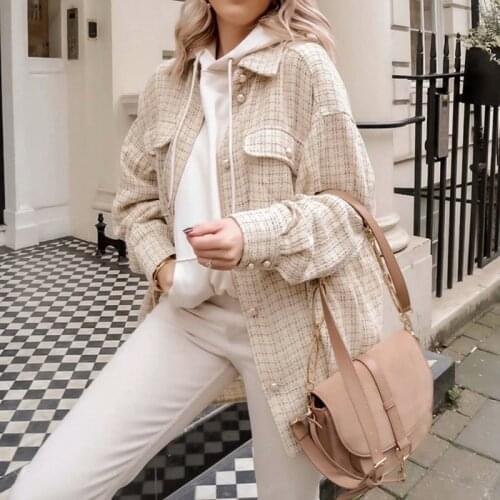 Womens Fashion Khaki Single Breasted Long Jackets Outwear Female Autumn Stylish Plaid Print Jewellery Button Long Sleeve Jacket