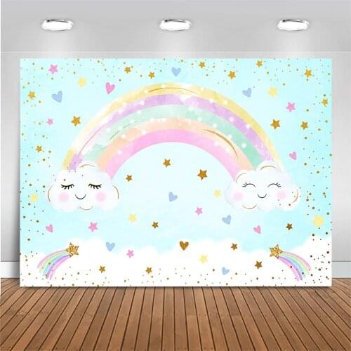 Mocsicka Rainbow White Cloud Photography Backdrop Kids Cartoon Birthday Background for Photo Studio Gold Little Star Heart Decor