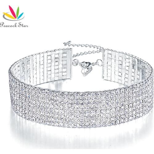 Peacock Star Trendy Wedding Party Prom Choker Necklace 8 Row Stretch Crystal Rhinestone w/ Elastic Cord Pageant CC018