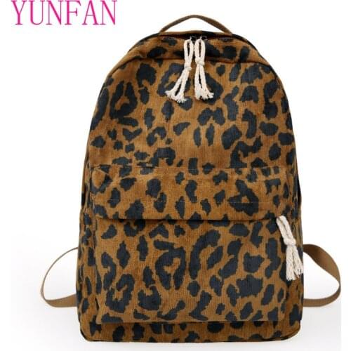Fashion Female Backpack Leopard Print Corduroy Dual-Straps Woman Travel Backpack Large Capacity Girl School Shoulder Bag