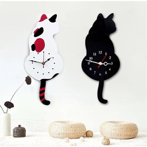 NHBR 3D Cute Cat Wall Clock Wag Tail Silence Home Decoration Kids Gift Black