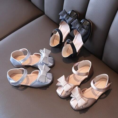 Girls Shoes 2021 Summer Big Girls Sandals Cover Toe Ankle Strap Princess Shoes Bowtie Children Flats Bling sandalias Gold Black