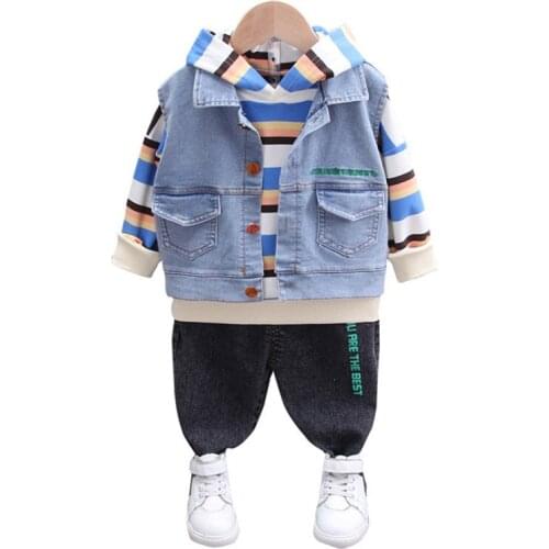 Toddler Boys Autumn Clothes Korean Denim Vest Long Sleeve Striped Hoodie Pants Three-Piece Kids Fashion Clothes For 1-5 Years